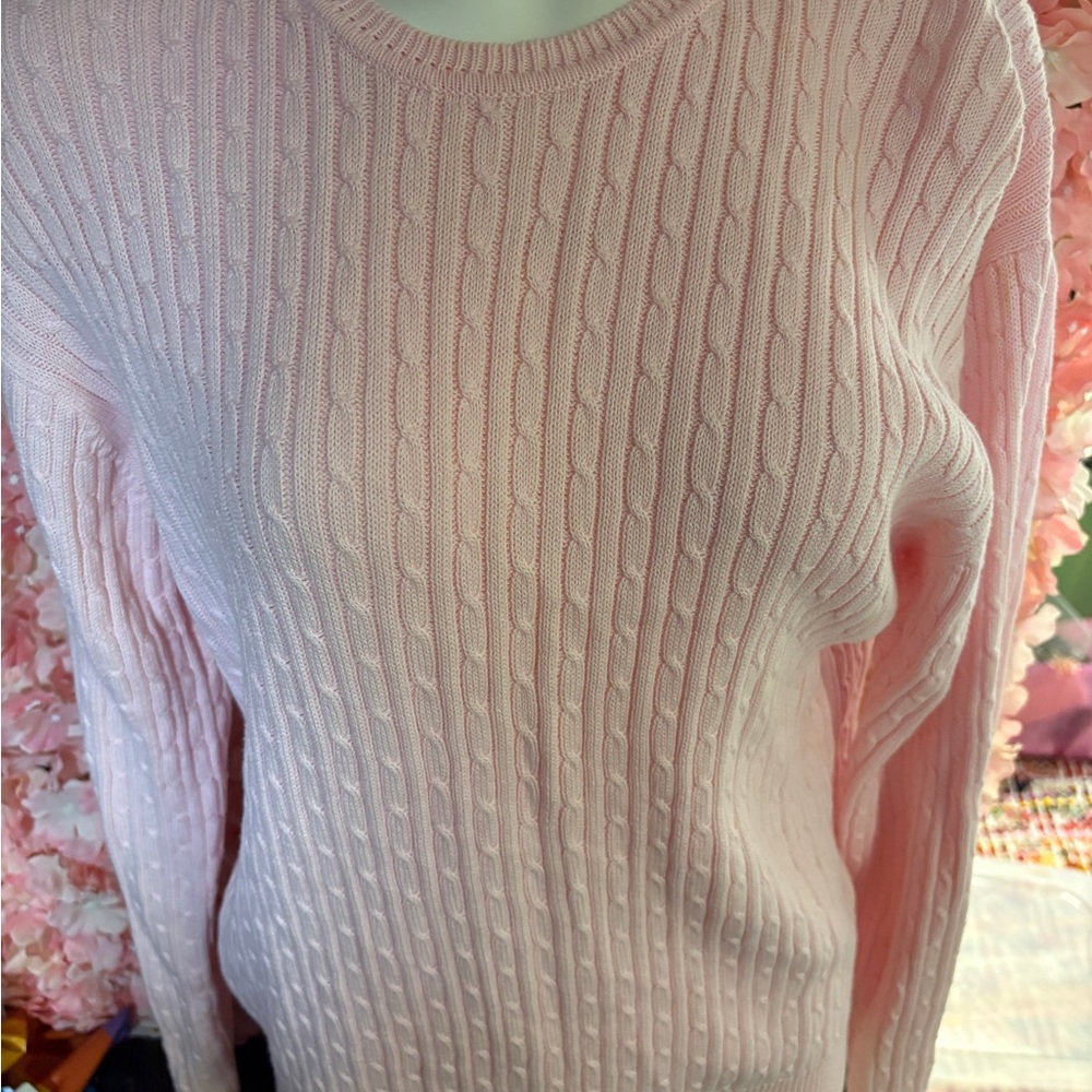 Article Womens Cable Knit Sweater Crew Neck Long Sleeve Pink Cotton L